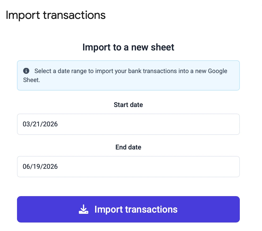 The Import transactions dialog with a start date, an end date, and an Import transactions button.