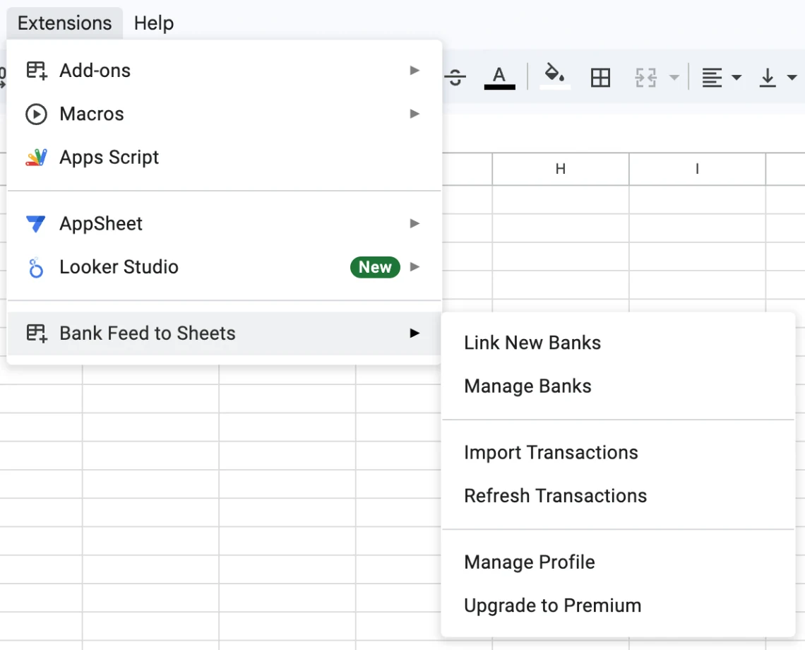 The Google Sheets Extensions menu open, showing Bank Feed to Sheets with Link New Banks, Manage Banks, Import Transactions and Refresh Transactions.